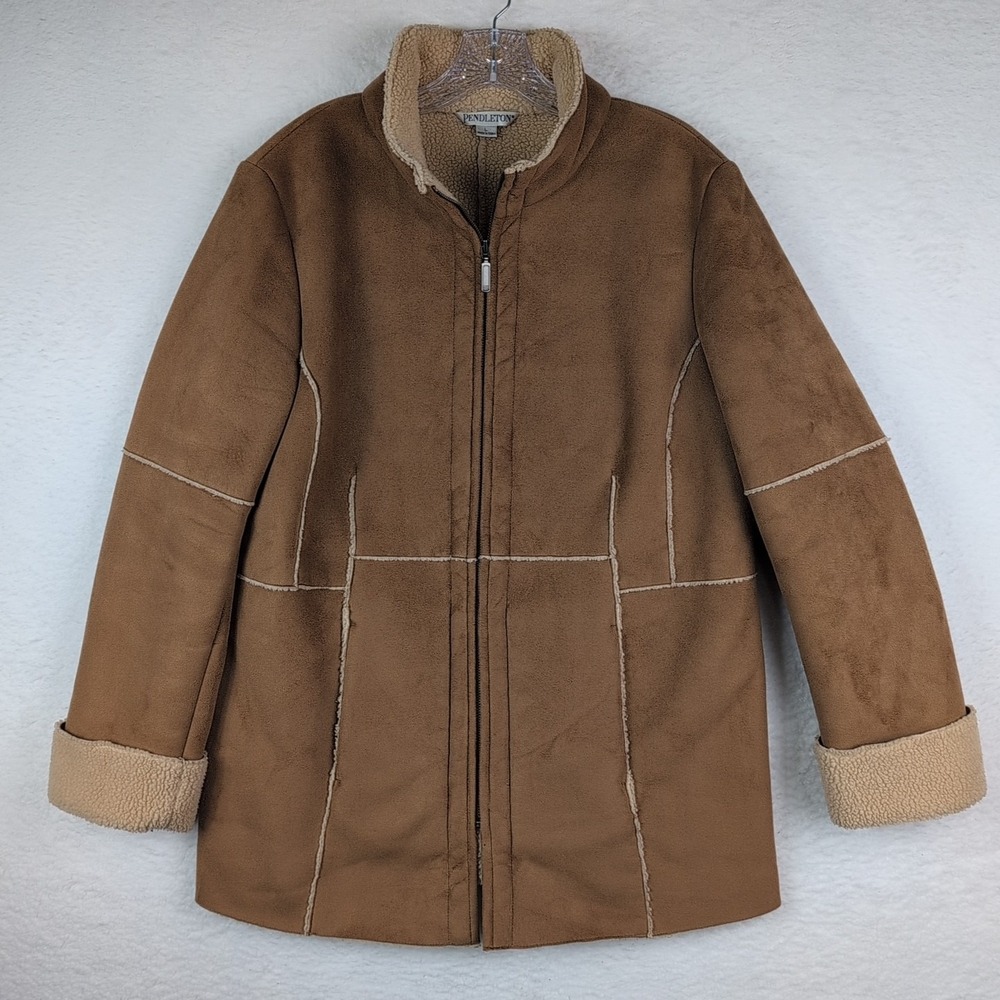 Pendleton Faux Shearling Coat Womens Small Soft Sherpa Lined Jacket Brown Beige